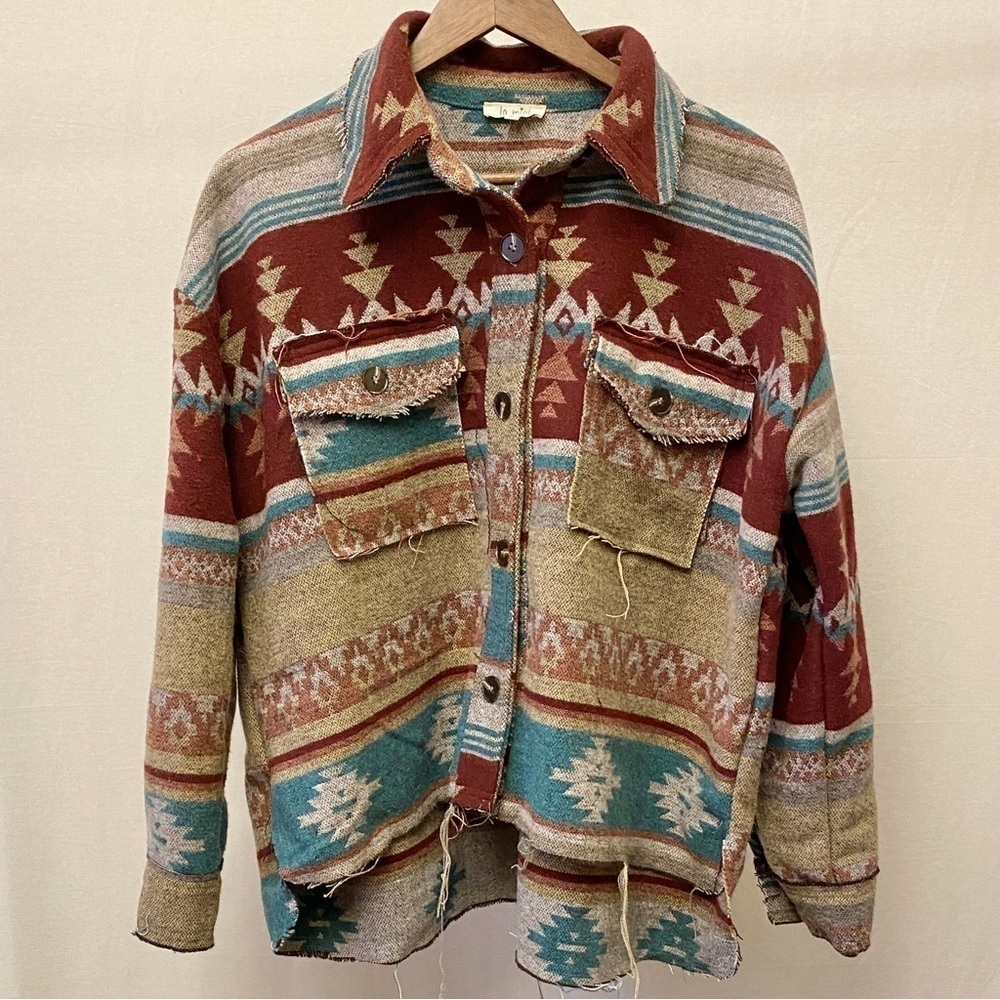 La Miel Size Small Aztec Shacket Western Shirt Jacket Frayed Hems Cowgirl - Picture 7 of 16